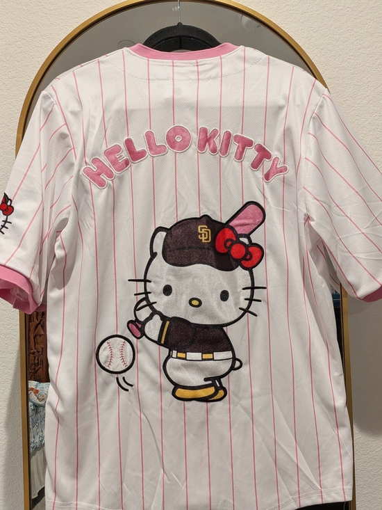 Hello Kitty Tops - Hello Kitty San Diego Padres Pink & White Pinstripe Baseball Jersey - RARE!